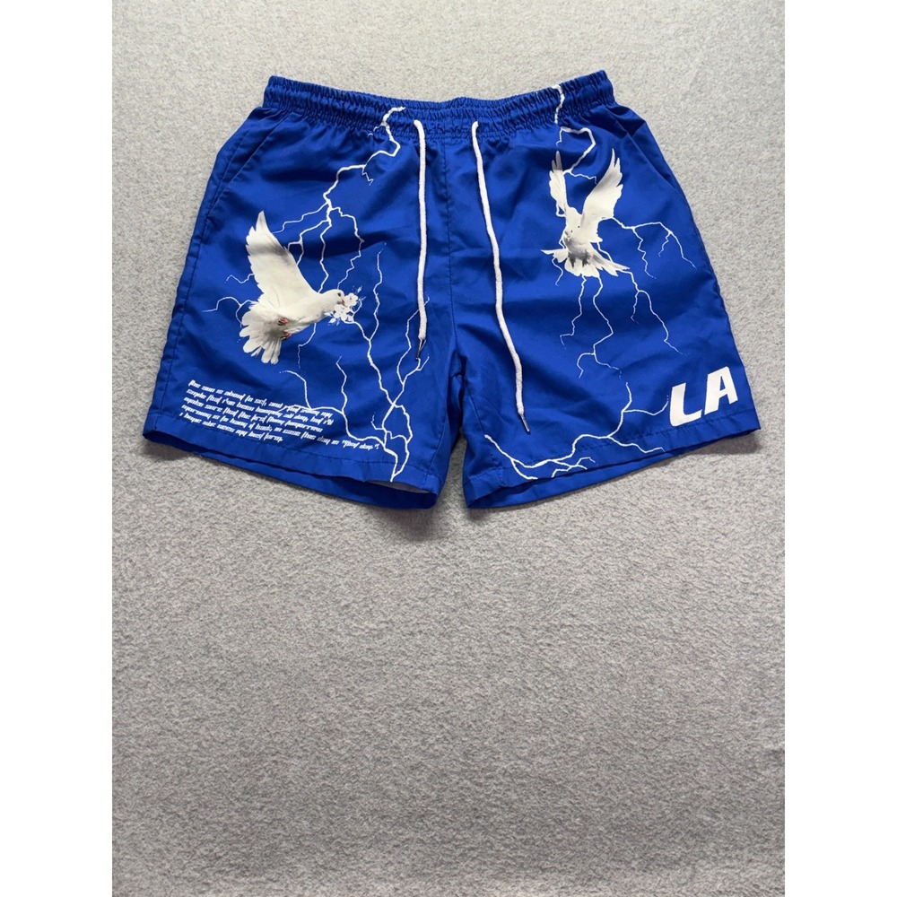Romwe Mens Blue Lightning Dove Graphic Swim Trunks LA Shorts Size L